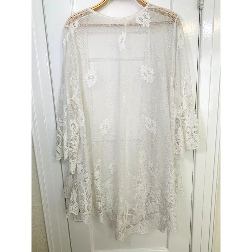 me and u Lace Mesh Embroidered Kimono Boho Open Front Duster Fairy Prairie / 2X - Picture 5 of 15